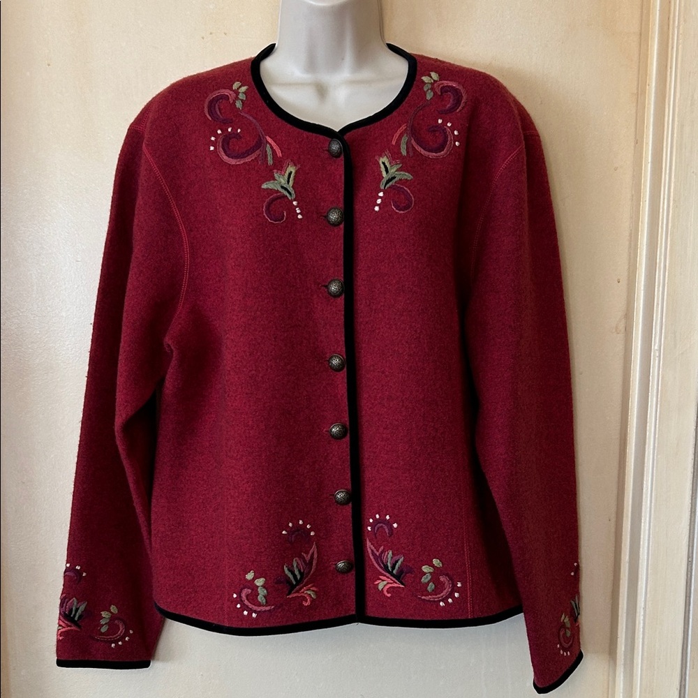 Icelandic Design Embroidered Wool Red Cardigan Sweater size L